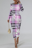 Ink Green Casual Plaid Cartoon Print Flowers Contrast O Neck Printed Dresses