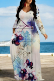 Purple Green Elegant Floral Print Pocket Contrast V Neck Printed Dresses