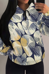 Blue Apricot Casual Geometric Print Flowers Heart Shaped Draw String Pocket Hooded Tops