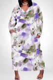 Apricot Elegant Floral Print Pocket Contrast V Neck Printed Plus Size Dresses