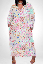 Pink Casual Colorblock Floral Print Pocket Contrast V Neck Printed Plus Size Dresses