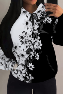 Black And White Casual Geometric Print Flowers Heart Shaped Draw String Pocket Hooded Tops