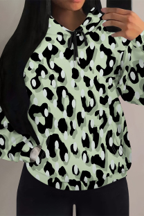 Light Green Casual Colorblock Camouflage Print Draw String Pocket Hooded Tops
