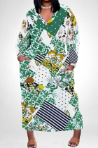 Green Elegant Floral Print Pocket Contrast V Neck Printed Plus Size Dresses