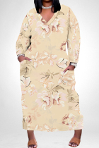 Light Yellow Casual Colorblock Floral Print Pocket Contrast V Neck Printed Plus Size Dresses