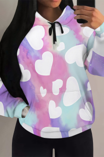 Purple Casual Geometric Print Flowers Heart Shaped Draw String Pocket Hooded Tops