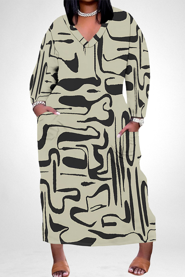 Dark Khaki Casual Colorblock Floral Print Pocket Contrast V Neck Printed Plus Size Dresses