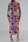Black Elegant Geometric Print Contrast O Neck Printed Dresses