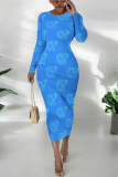 Black Elegant Geometric Print Contrast O Neck Printed Dresses