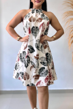 White Sexy Print Patchwork O Neck A Line Dresses