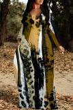 Purple Green Elegant Floral Print Pocket Contrast V Neck Printed Dresses