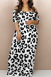 White Sexy Leopard Contrast V Neck Printed Dresses