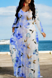 Purple Green Elegant Floral Print Pocket Contrast V Neck Printed Dresses