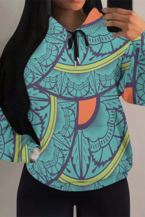Blue Casual Geometric Print Flowers Heart Shaped Draw String Pocket Hooded Tops