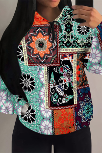 Light Green Casual Geometric Print Flowers Heart Shaped Draw String Pocket Hooded Tops