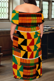 Orange Yellow Sexy Geometric Print Flounce Contrast Off Shoulder Long Plus Size Dresses