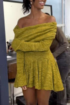 Green Yellow Sexy Solid Color Patchwork Ruched Off Shoulder Mini Dresses