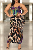 Green Sexy Chain print Leopard Contrast U Neck Printed Plus Size Dresses