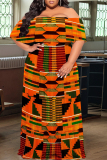 Orange Yellow Sexy Geometric Print Flounce Contrast Off Shoulder Long Plus Size Dresses