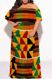 Orange Yellow Sexy Geometric Print Flounce Contrast Off Shoulder Long Plus Size Dresses