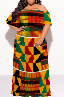 Orange Yellow Sexy Geometric Print Flounce Contrast Off Shoulder Long Plus Size Dresses