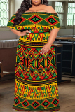 Orange Yellow Sexy Geometric Print Flounce Contrast Off Shoulder Long Plus Size Dresses