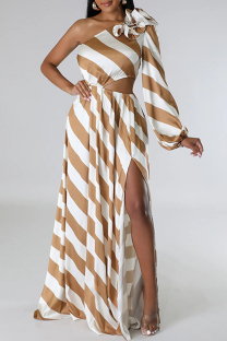 Stripe Casual Striped Print Backless Slit Oblique Collar Long Dresses