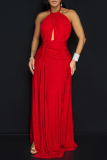 Red Sexy Solid Color Hollow Out Backless Slit Ruched Belted Halter Long Dresses