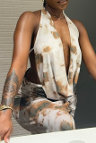 White Grey Sexy Print Backless Strap Design Deep V Neck Sleeveless Two Pieces