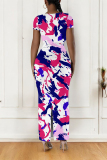 Orange Casual Geometric Print Contrast O Neck One Step Skirt Dresses