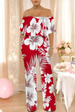 Pink Sexy Floral Print Flounce Contrast Off Shoulder Loose Jumpsuits