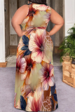 Black Casual Floral Print Lace Up Slit V Neck Printed Plus Size Dresses