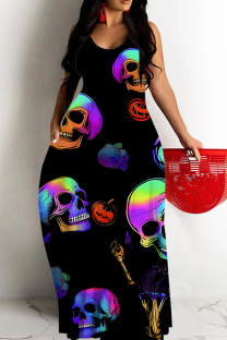 Black Sexy Skull Head Striped Print Pocket Contrast O Neck Printed Dresses