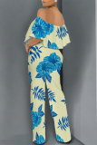 Pink Sexy Floral Print Flounce Contrast Off Shoulder Loose Jumpsuits