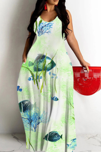 Light Green Casual Floral Print Pocket Contrast O Neck Printed Dresses