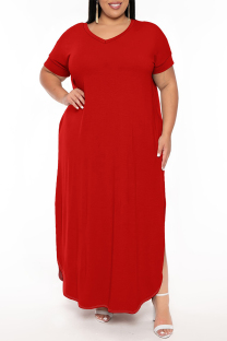 Red Casual Solid Color Slit V Neck Short Sleeve Plus Size Dresses