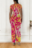 Orange Casual Geometric Print Contrast O Neck One Step Skirt Dresses