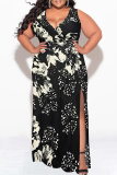Black Casual Floral Print Lace Up Slit V Neck Printed Plus Size Dresses