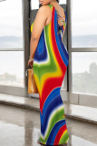 Blue White Casual Geometric Print Backless Contrast O Neck One Step Skirt Dresses