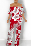 Pink Sexy Floral Print Flounce Contrast Off Shoulder Loose Jumpsuits