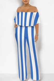 Blue White Sexy Striped Print Pocket Flounce Contrast Off Shoulder Jumpsuits