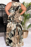 Black Casual Floral Print Lace Up Slit V Neck Printed Plus Size Dresses