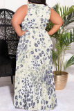 Black Casual Floral Print Lace Up Slit V Neck Printed Plus Size Dresses