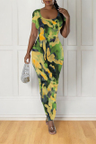 Orange Casual Geometric Print Contrast O Neck One Step Skirt Dresses
