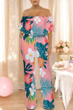 Pink Sexy Floral Print Flounce Contrast Off Shoulder Loose Jumpsuits