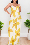 Earth Yellow Casual Graffiti Print Pocket Contrast O Neck Printed Dresses