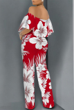 Pink Sexy Floral Print Flounce Contrast Off Shoulder Loose Jumpsuits