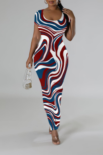 Burgundy Casual Geometric Print Contrast O Neck One Step Skirt Dresses
