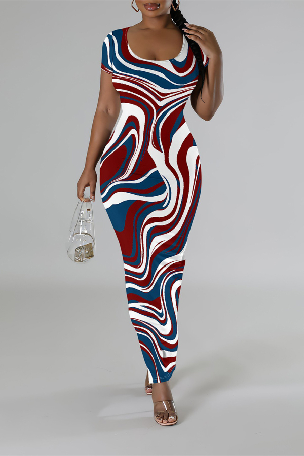 Burgundy Casual Geometric Print Contrast O Neck One Step Skirt Dresses