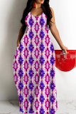 Pink Sexy Geometric Print Pocket Contrast O Neck Printed Dresses